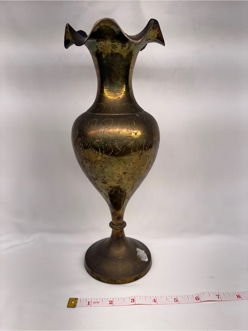 Vintage Etched Brass Vase with Ruffled Fluted Rim – Made in India – 11.5”